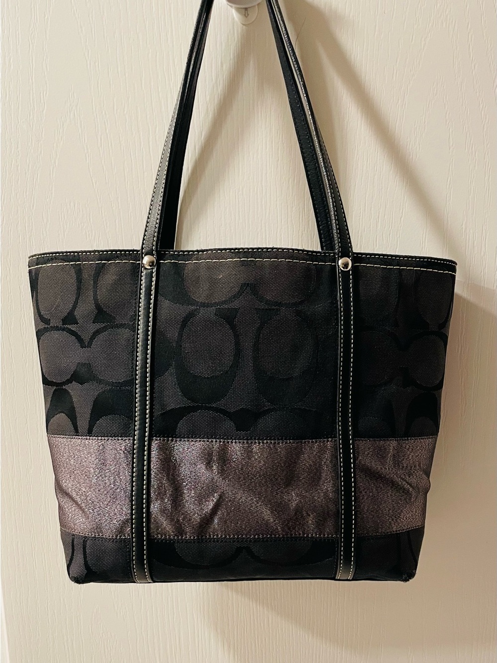 Coach Black Signature Tote with Metallic Pewter Panel